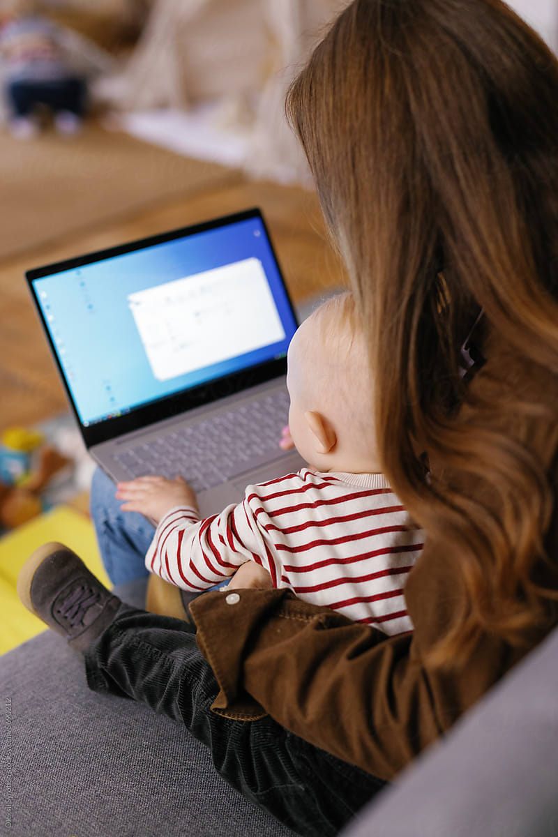 Caregiver parental role WFH laptop babysitting tech maternity leave
