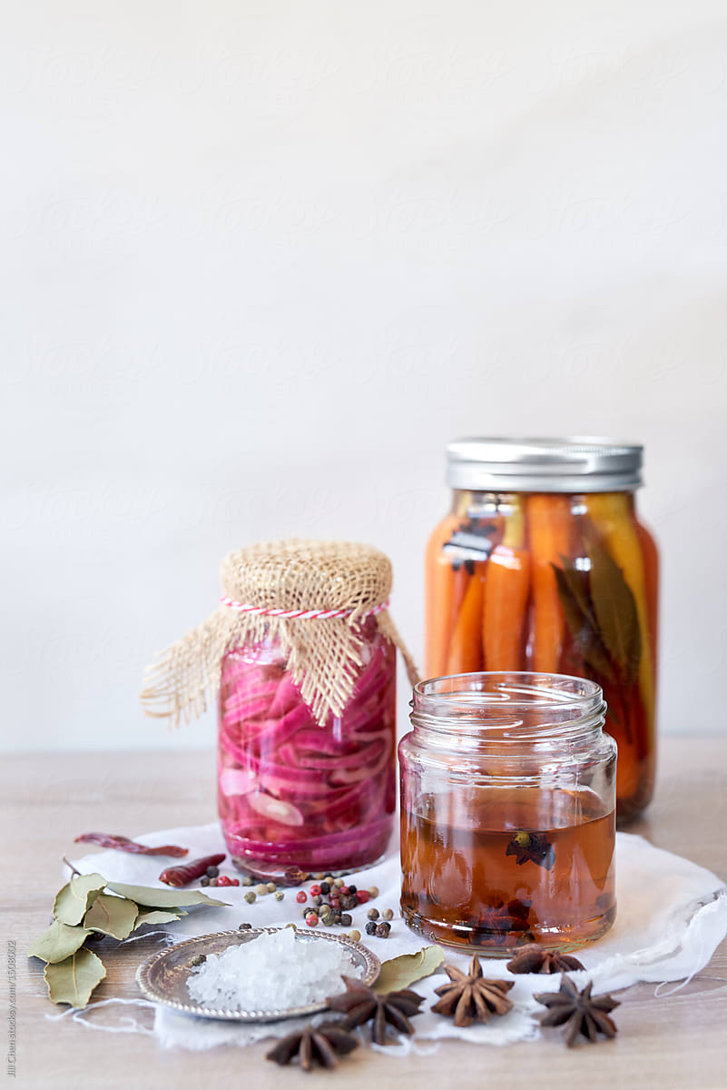 Jars of home made pickles and ingredients