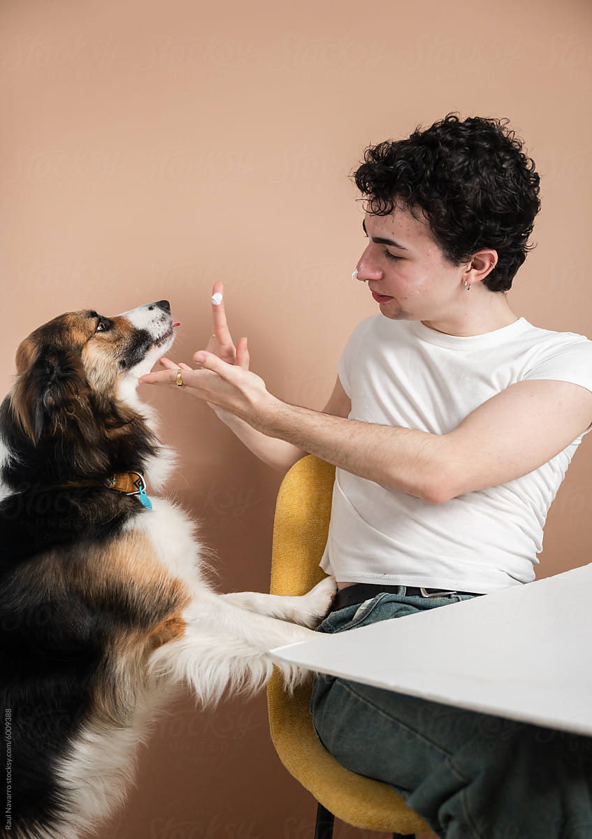 Man teaching dog trick with treat
