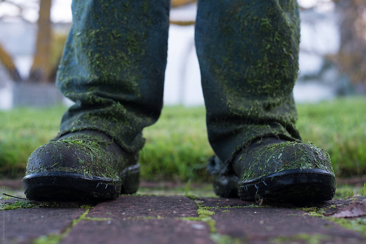 Wet work boots from grass mowing