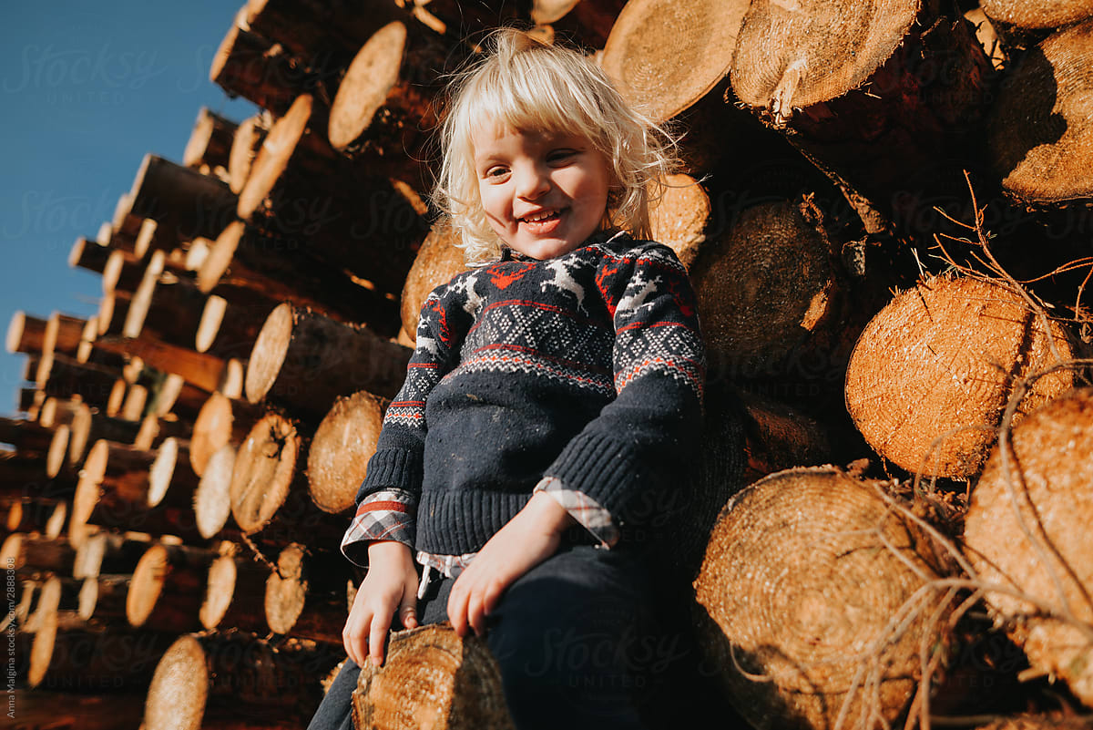 A blond toddler sitting on a logs and smiling