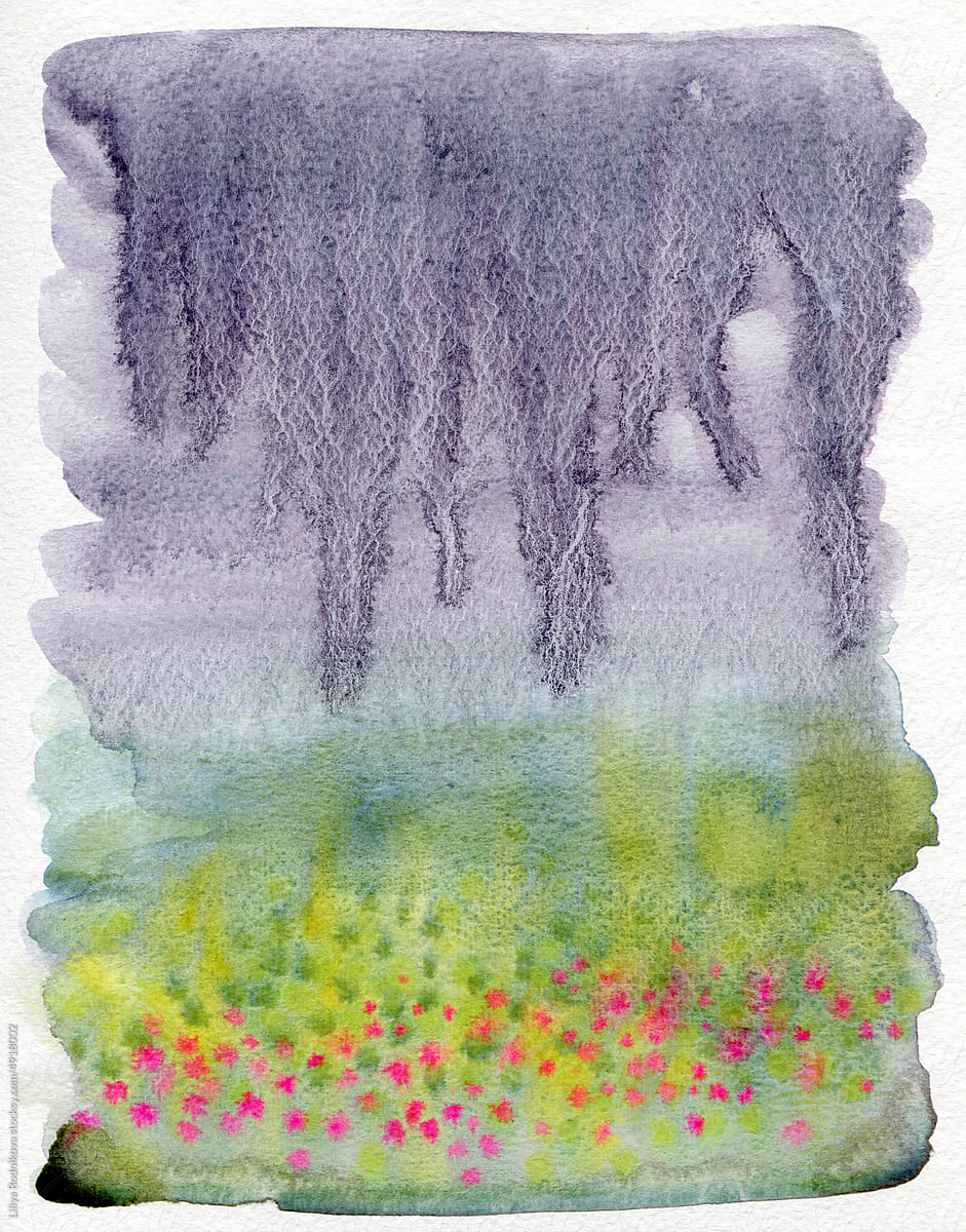 dark rain over blooming field abstract watercolor