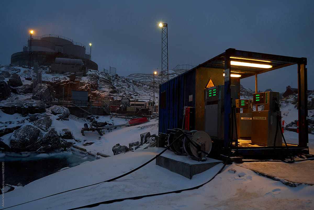 Greenland Arctic winter night, dark - petrol oil gas station