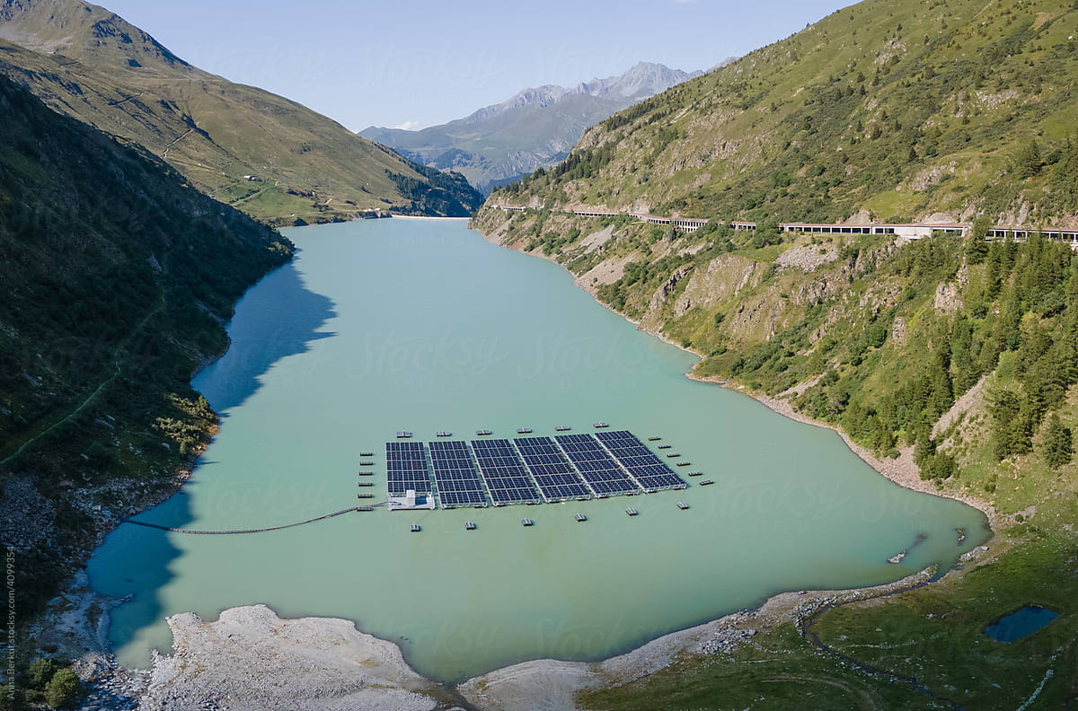 renewable energy, floating power plant, solar panels in the lake