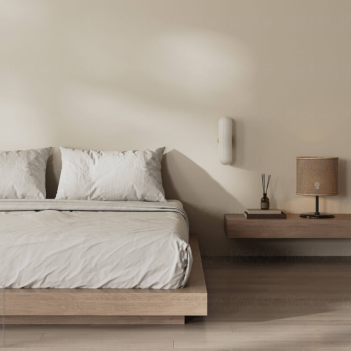 Bedroom interior with bed and wooden furniture, 3d render