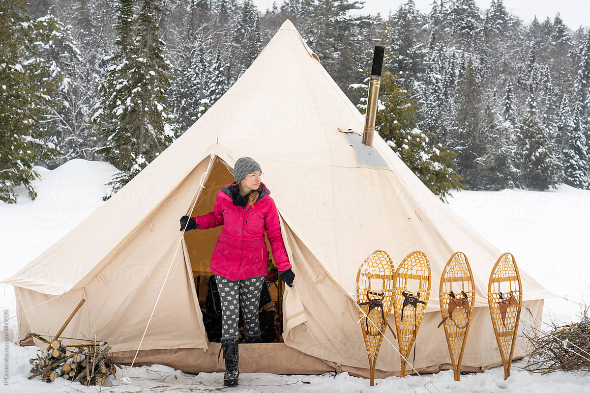 Canvas Tent with Snowing Winter Landscape