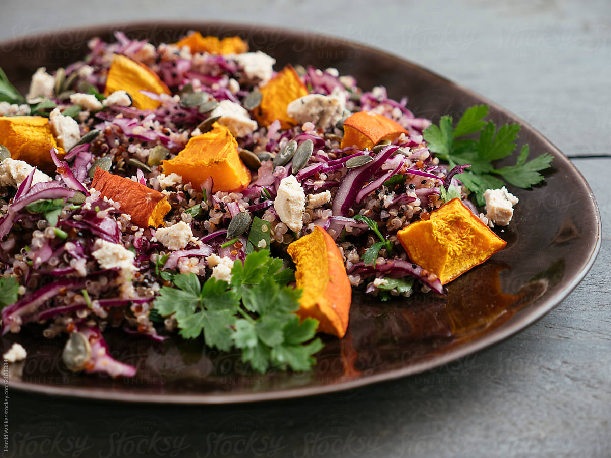 Red Cabbage and Quinoa Salad with Roasted Winter Squash and Vega
