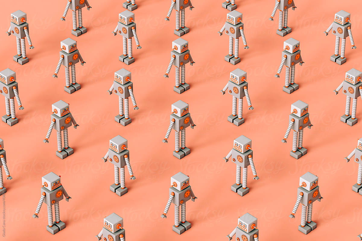 large pattern of Toy robots on a pink background