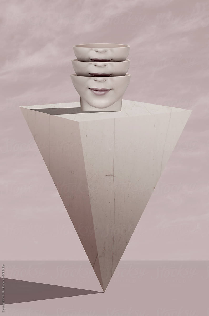 Collage with divided surrealistic head and pyramid