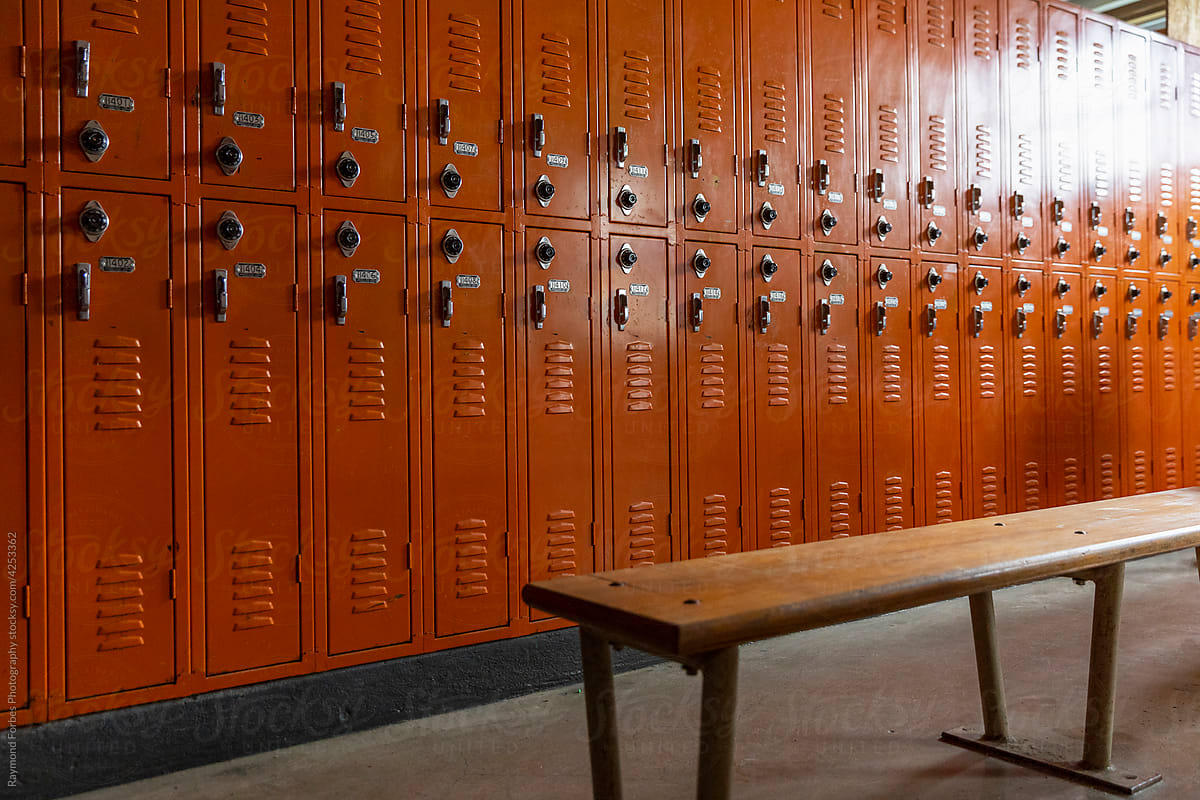 Empty Locker room with bench  in School