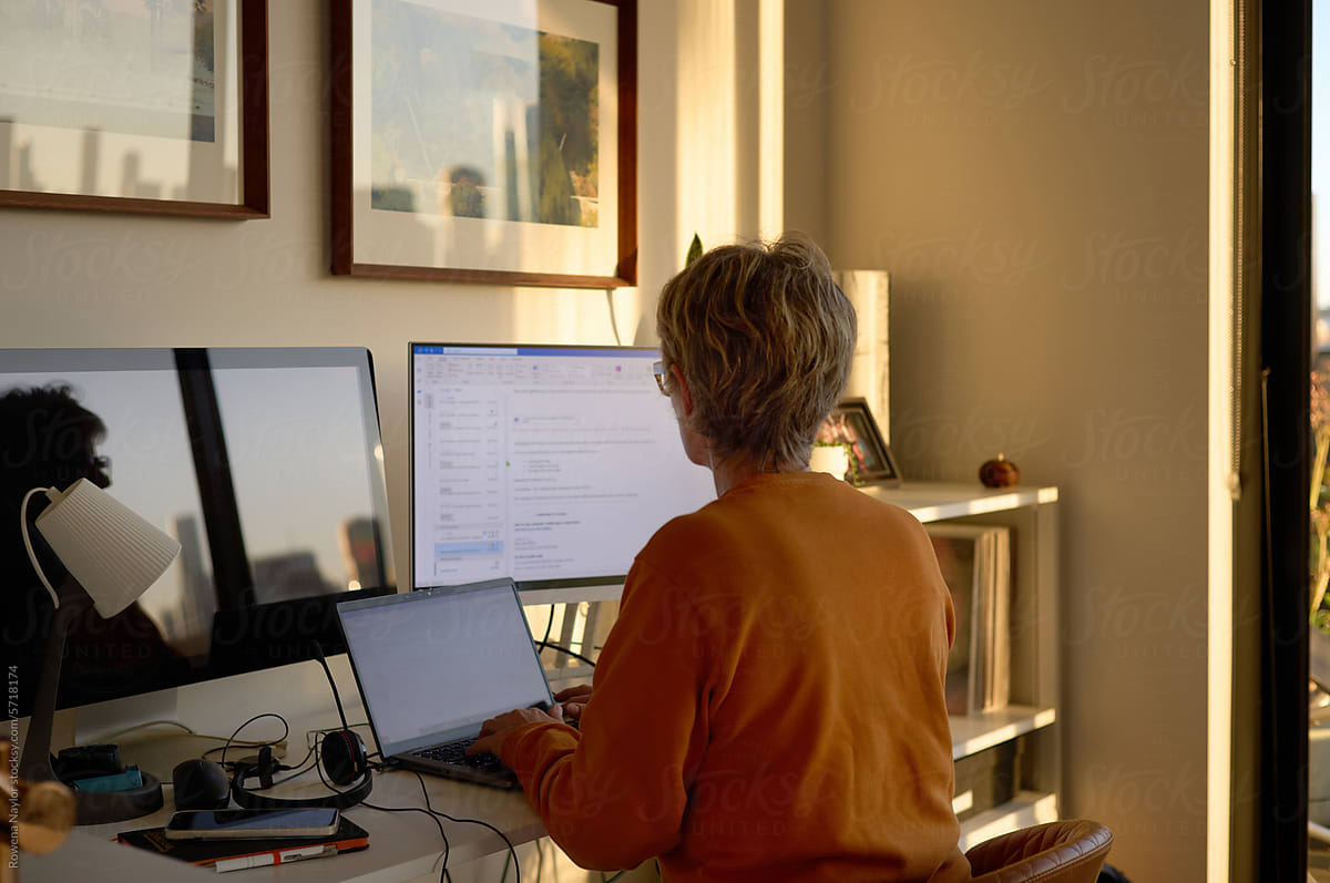 Home office set up with woman at desk