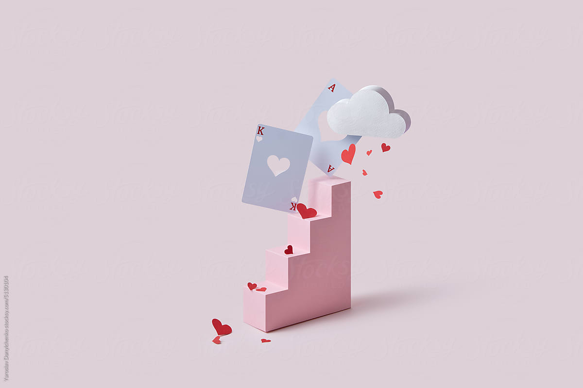 Paper stairs with cards and cloud with hearts.