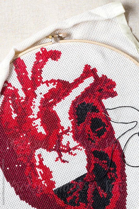 Textile art cross stitch heart