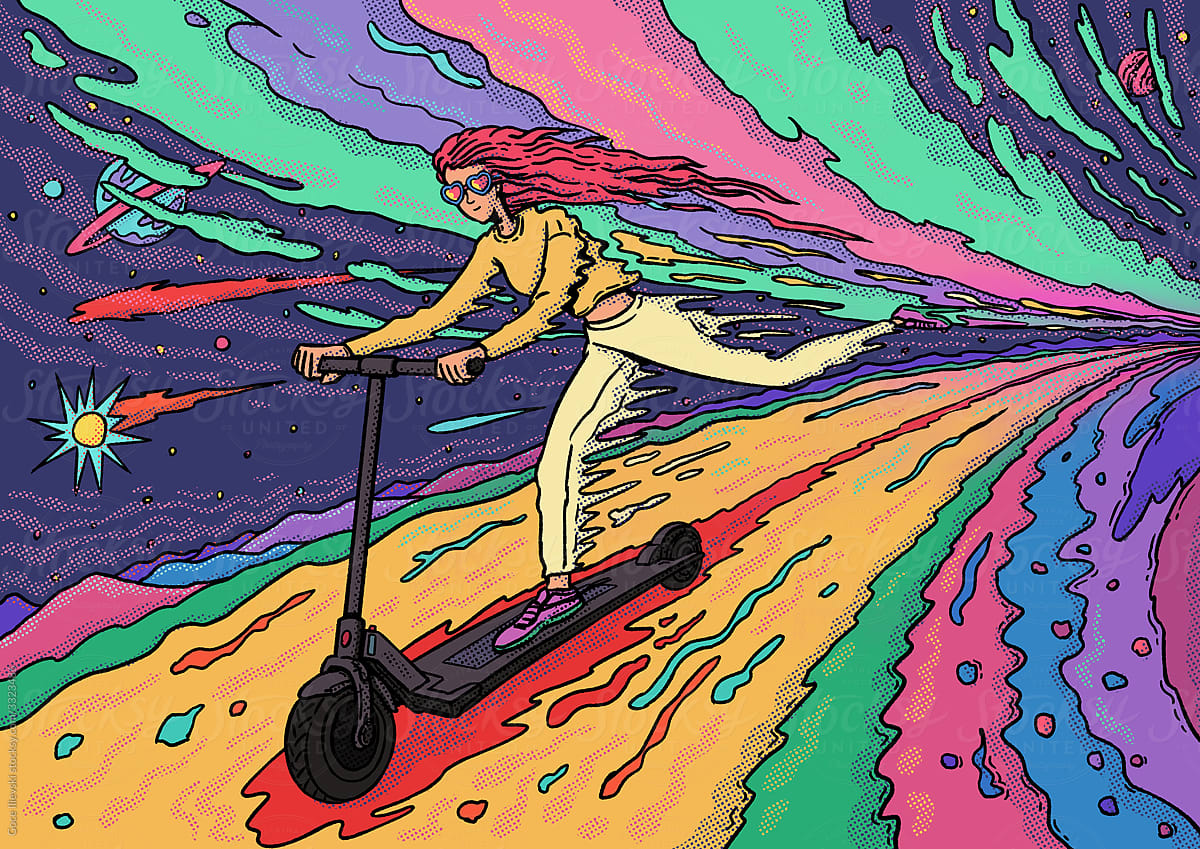 Sci-FI Illustration Of Girl Riding An Electric Scooter