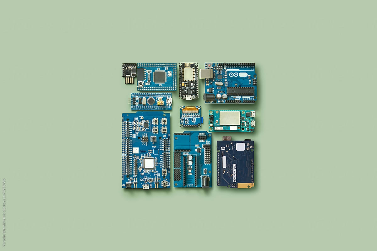 Electronic chips and components, flat lay.