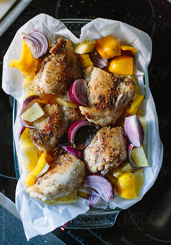 Roast chicken with potatoes and peppers