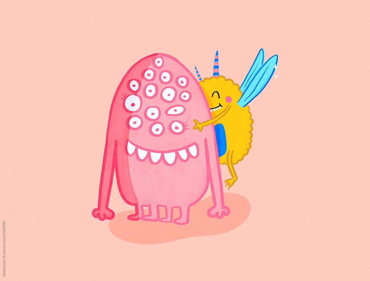Cute friends monsters together, kids illustration