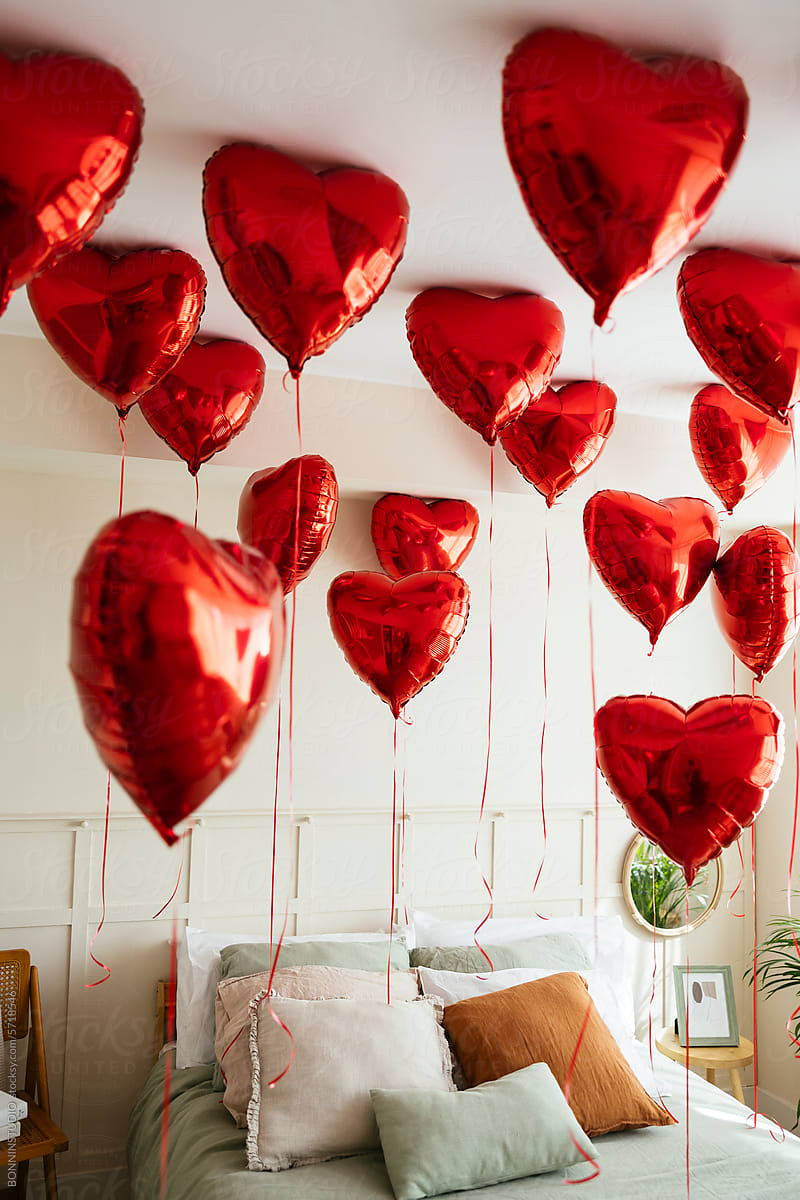 Red heart shaped balloons for Valentine\'s day