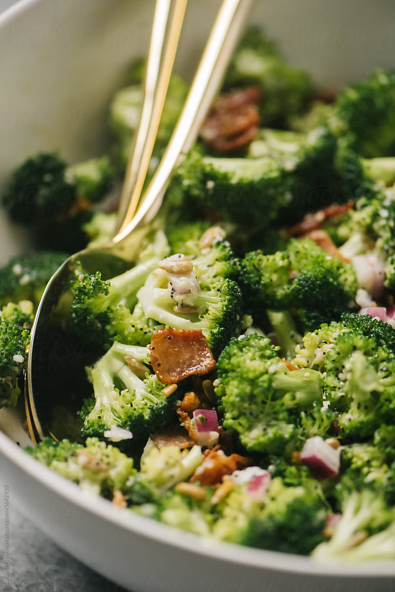 Closeup of a bacon broccoli salad