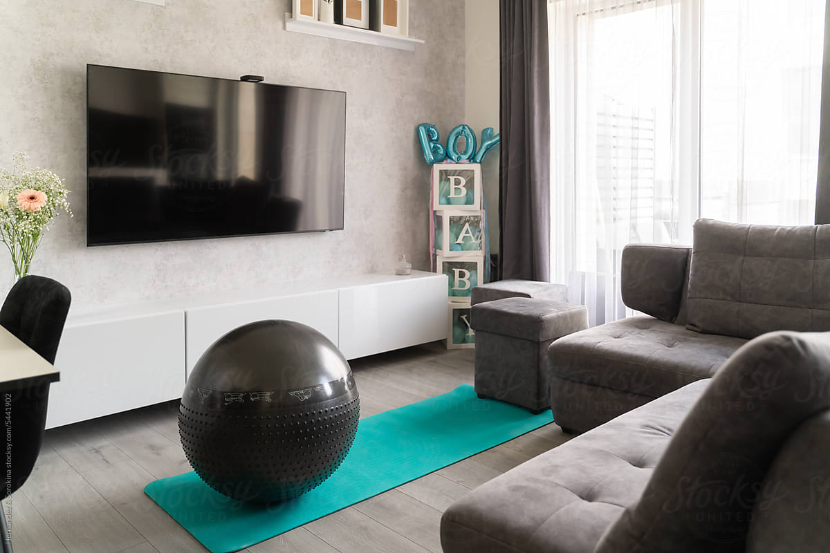 Gymnastic Ball On The Mat In Living Room