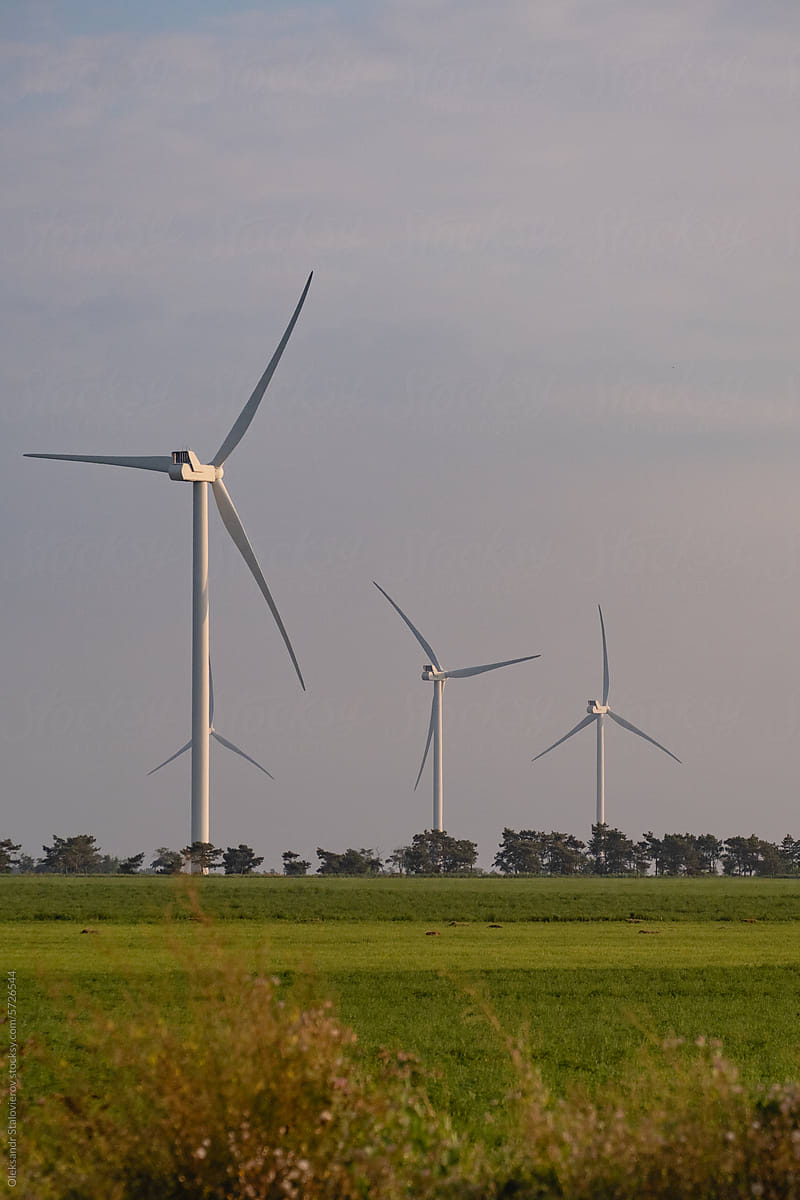 Green energy. Big windmills on the  green field.