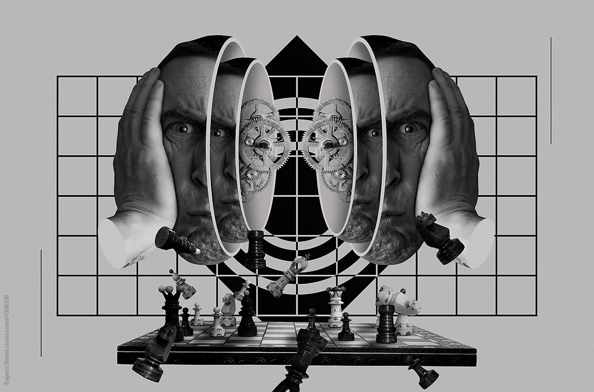 Chess and surrealistic male heads with gears inside