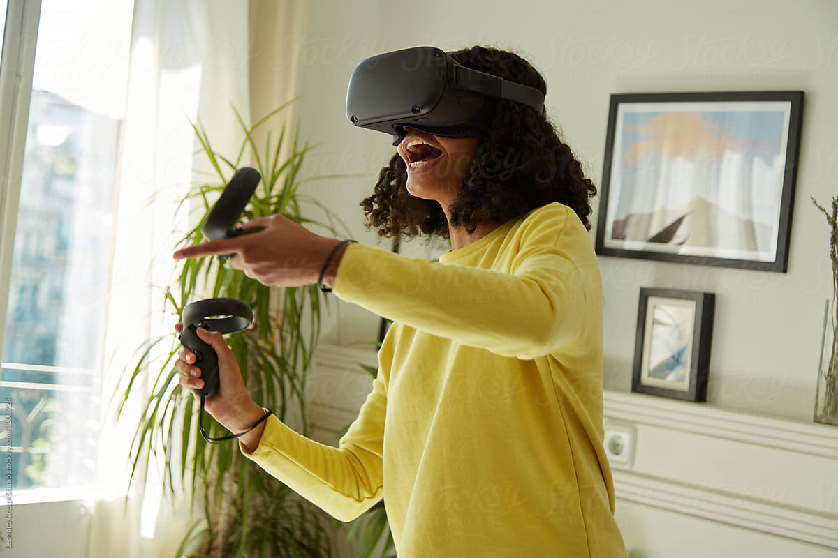 Woman gaming in Virtual Reality