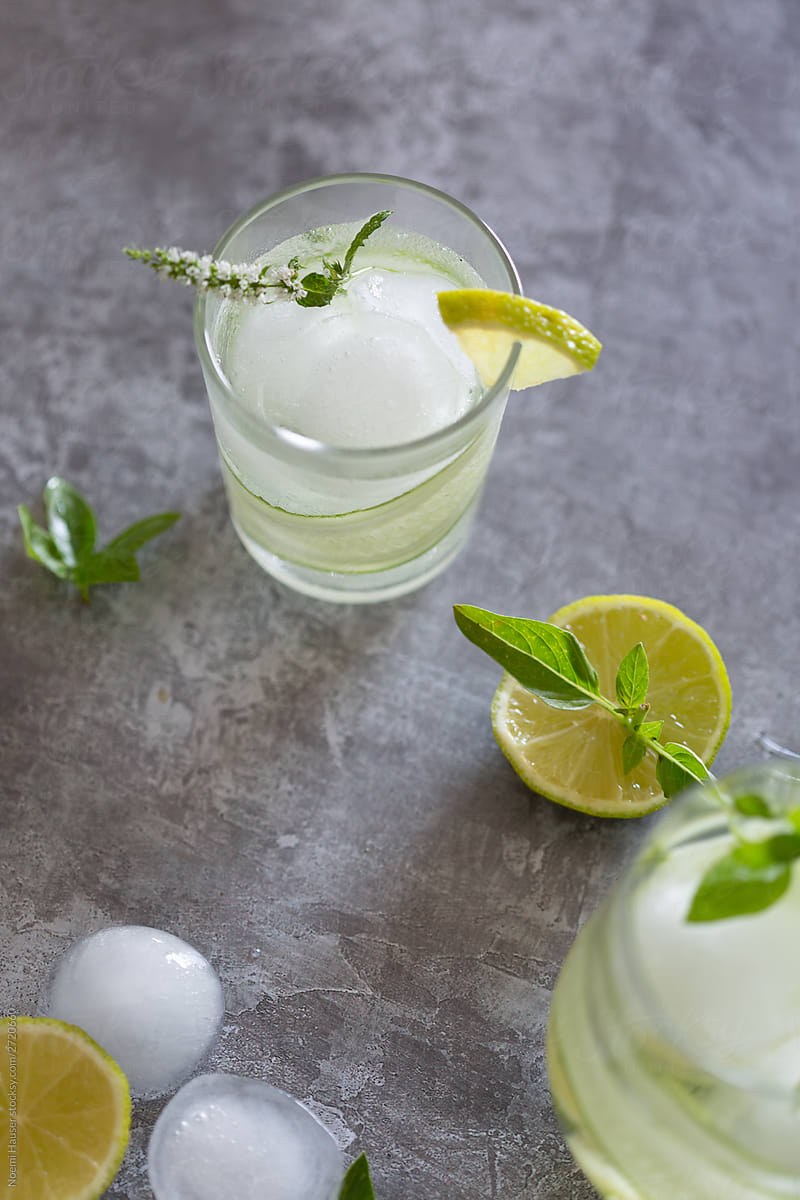 Refreshing cucumber water with mint and basil
