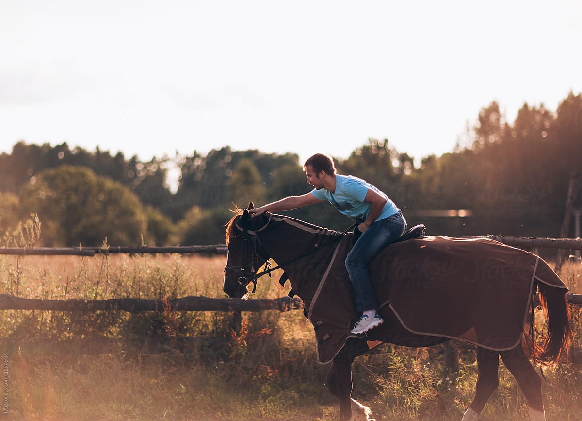 Young happy man riding horse on summer nature sunset