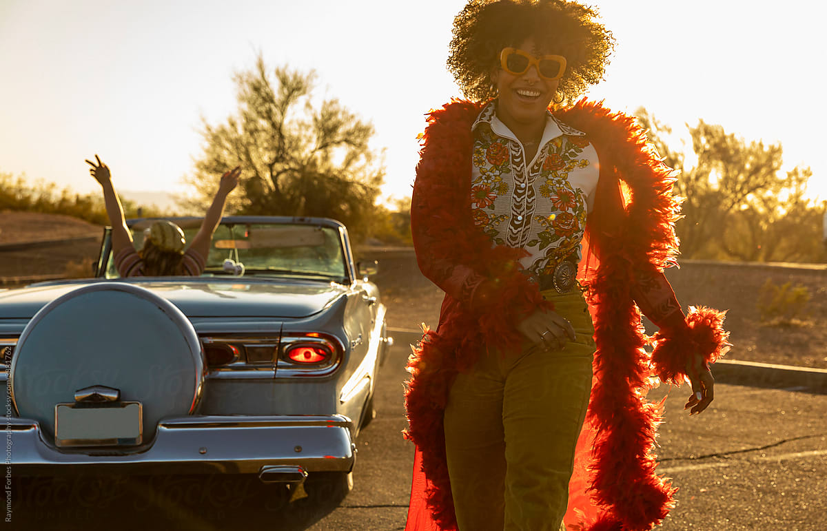 Fashion Shoot with black  model with Swagger  and  Vintage car