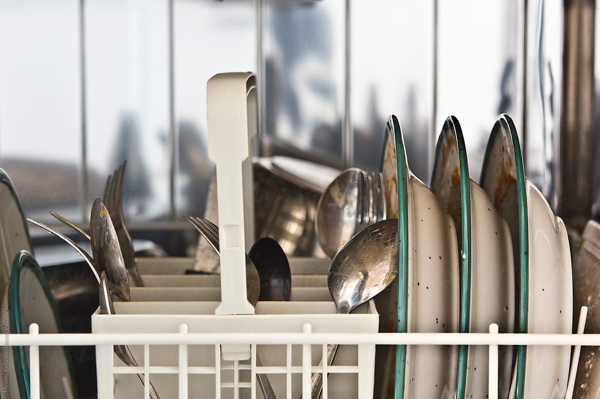 Dirty dishes in a dishwasher