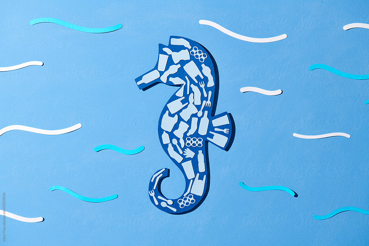 Seahorse marine animal silhouette filled with plastic garbage