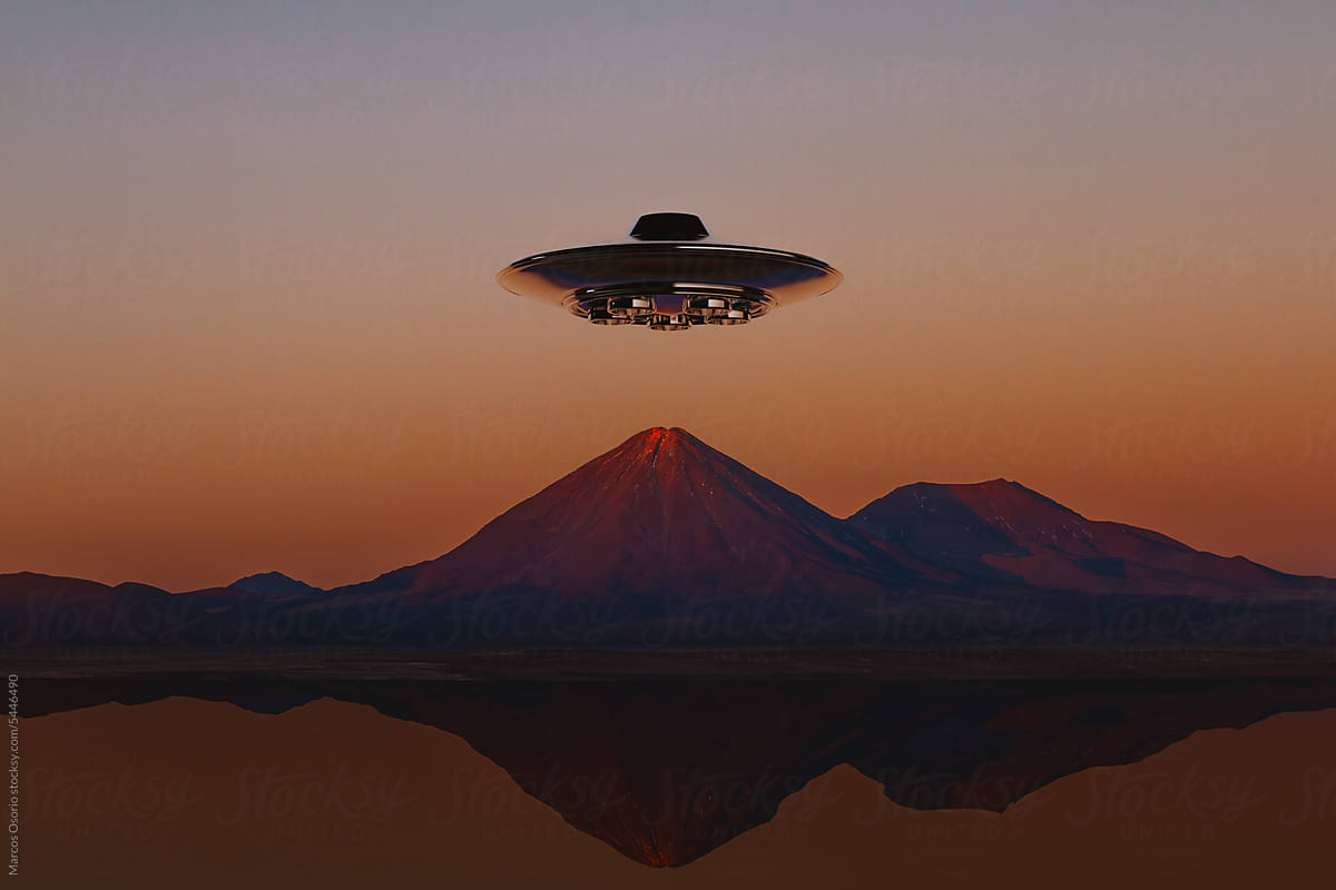 UFO flying over a volcano in the desert