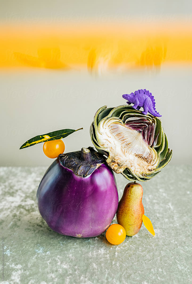Modern art still life, half artichoke, eggplant.