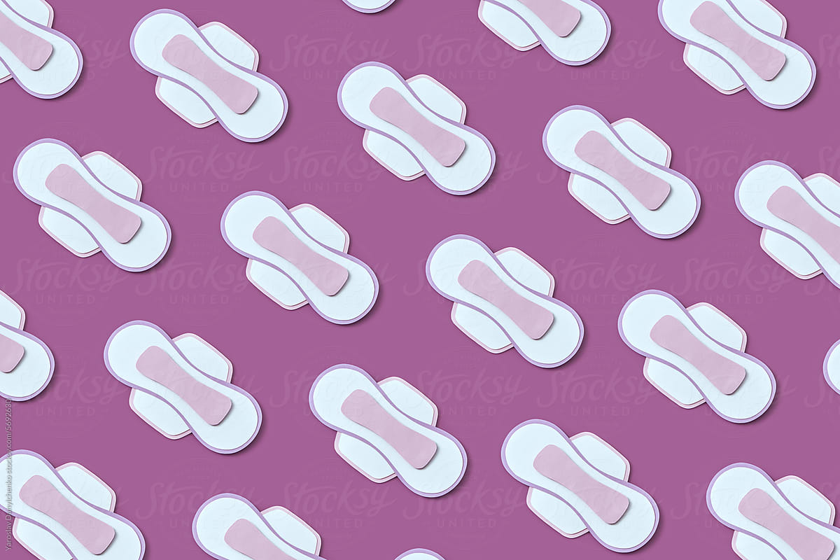 Seamless pattern of papercraft sanitary pads on violet background
