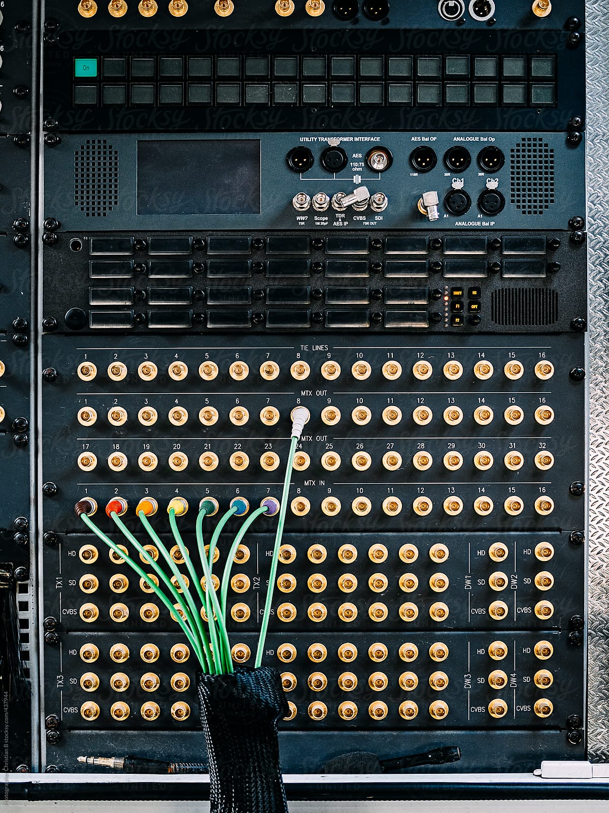 Green cables and golden connectors