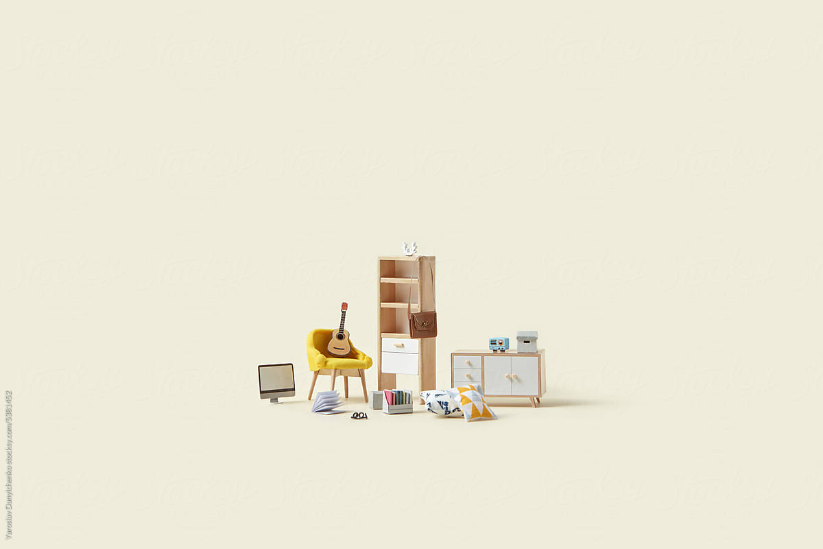 Tiny models of furniture and household items.