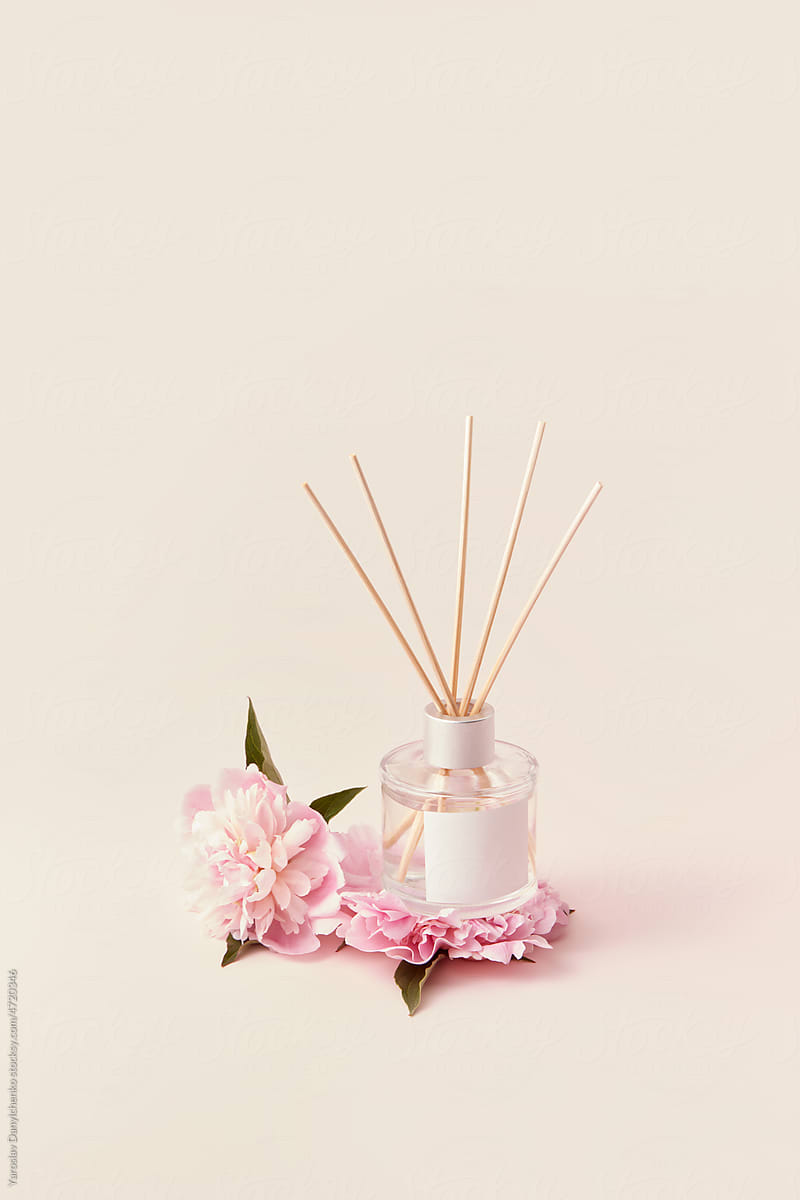 Interior design with aroma diffuser and pink peony.