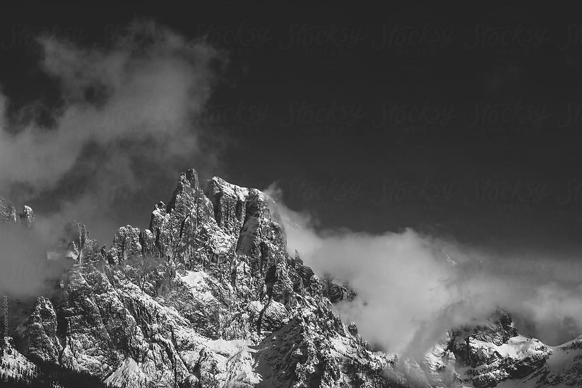 rugged mountain range in the italian alps - black and white
