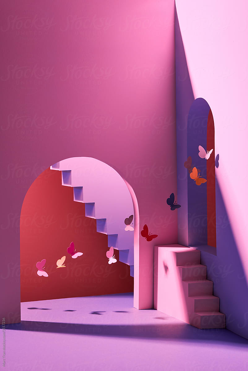Scene with geometrical forms with butterflies
