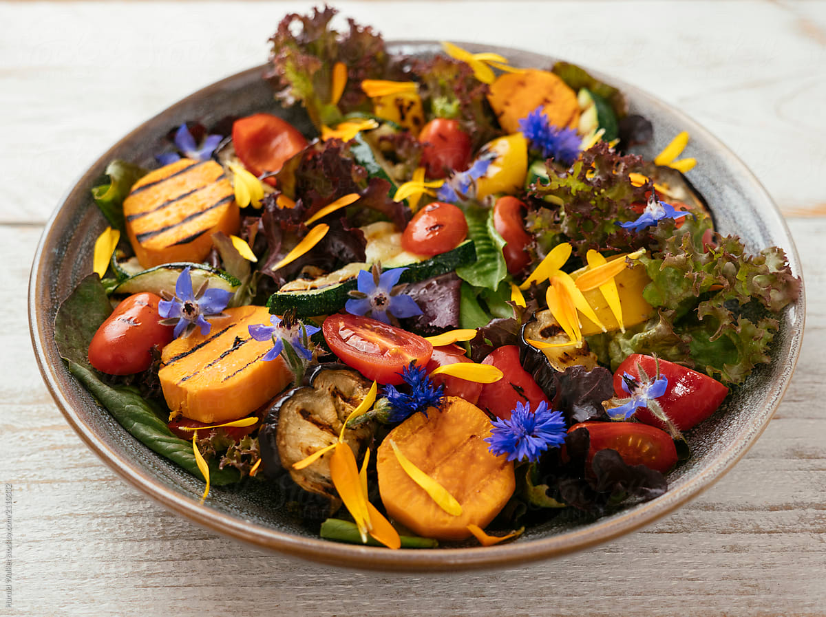 Mixed Green Salad with Grilled Vegetables and Edible Flowers