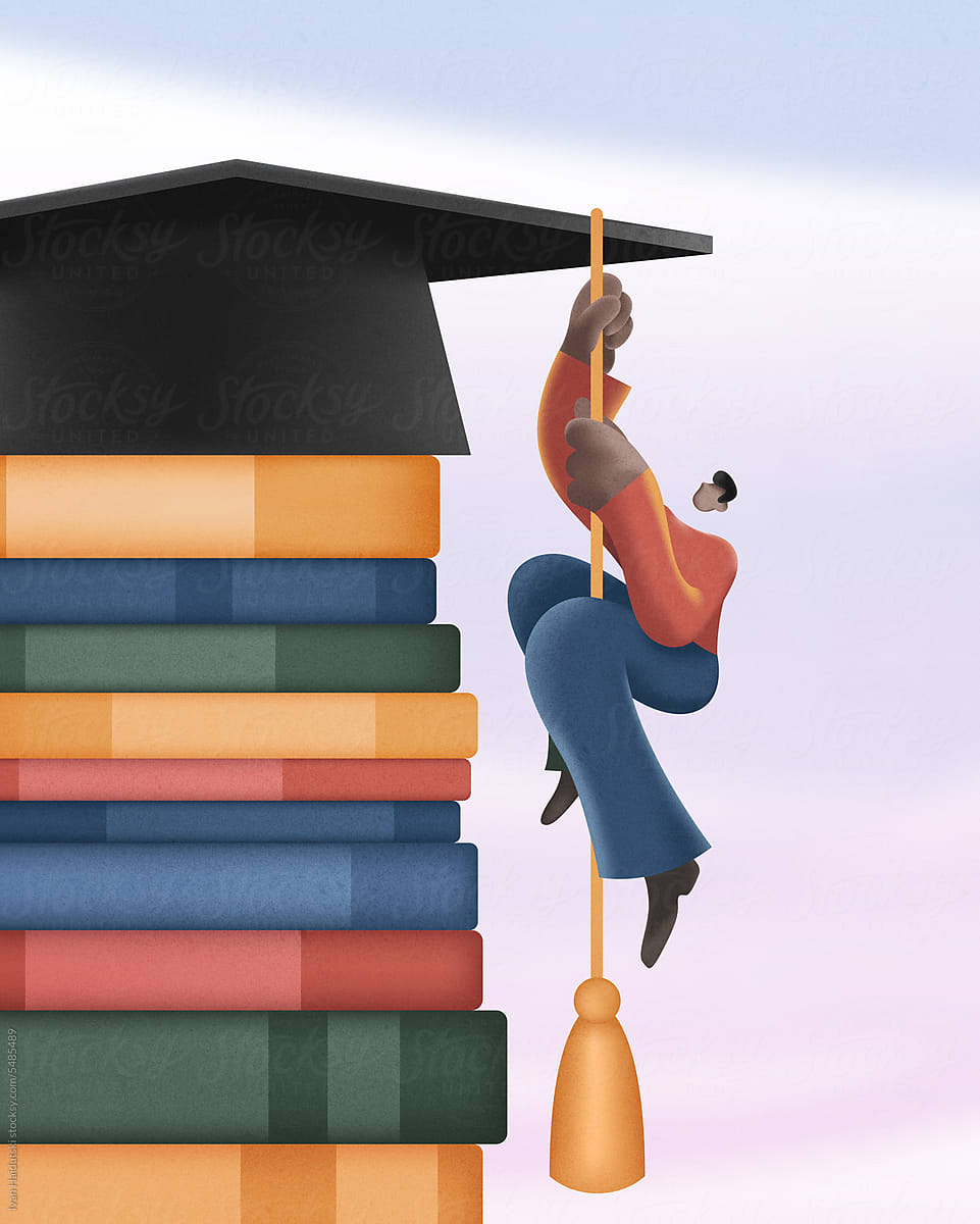 Young man atop academic hat - college entry ongoing education