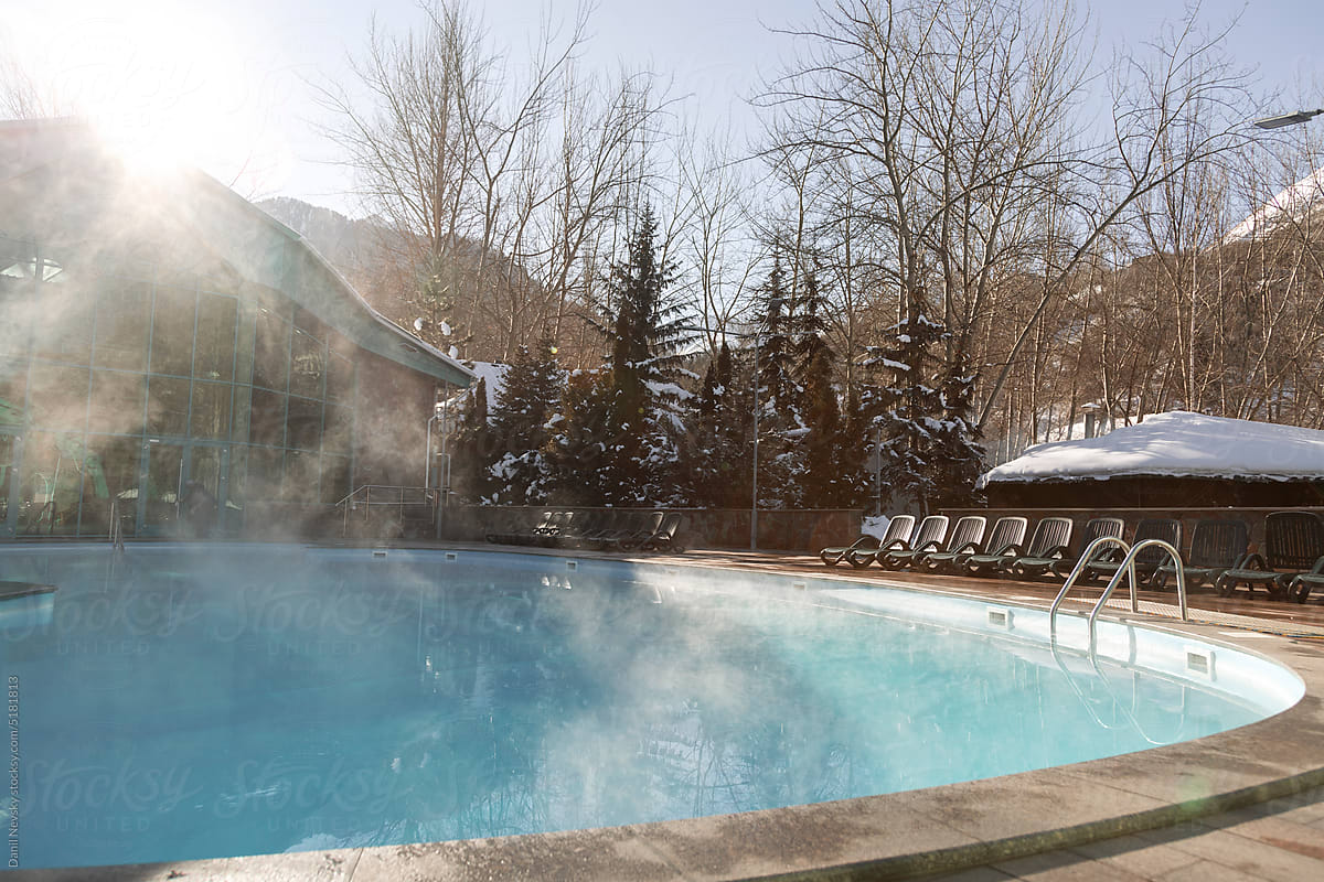 Hot spring pool in spa center in mountains