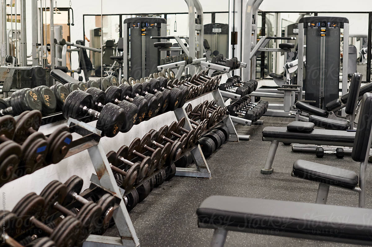 Dumbbells and weights in a gym