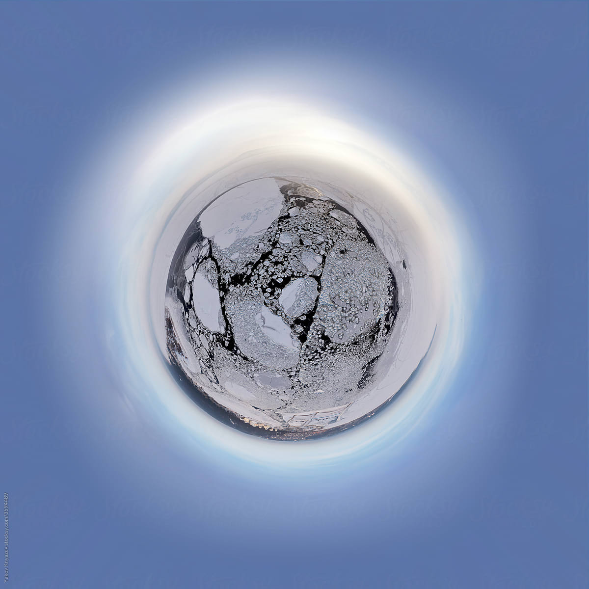 360 panoramic view of a frozen river with ice flows