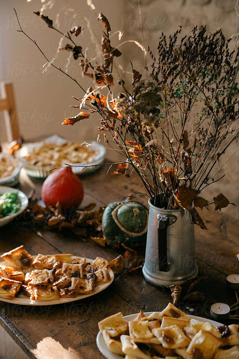wooden table with appetizers for thanksgiving