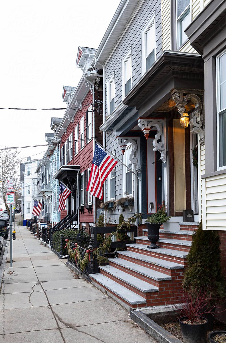 Vertical South Boston Neighborhood Street with American Flag