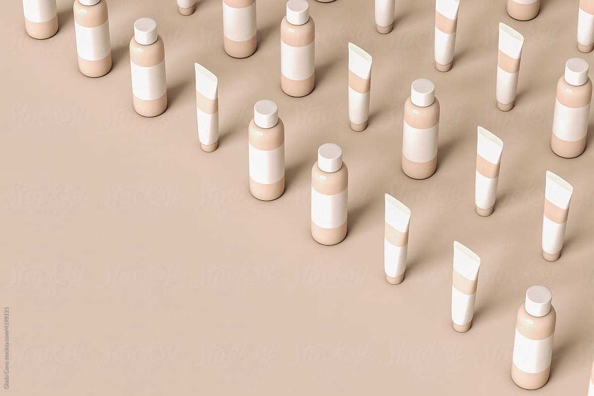 makeup containers standing on a beige background