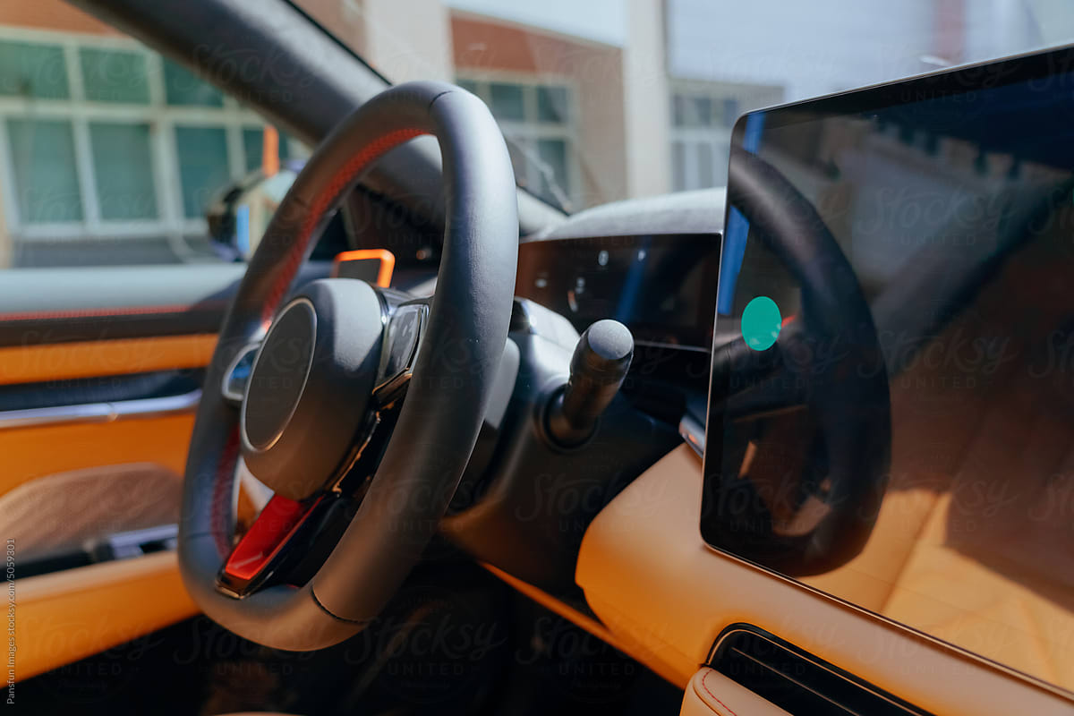 steering wheel of modern electric car