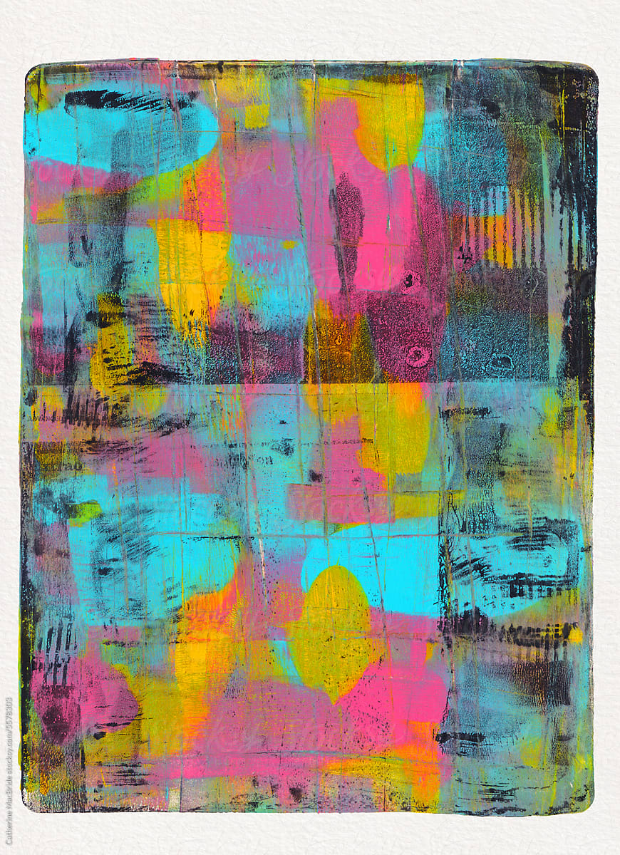 Printed acrylic abstract In yellow, pink, turquoise and black